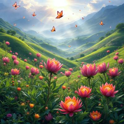 The primary subject of the image is a field of flowers, with a variety of different types of flowers blooming in the grass. The setting is a lush green hillside, with a mountainous background. The visual style is a digital art illustration, creating a vibrant and colorful scene. The dominant colors are pink, orange, and yellow, giving the image a warm and cheerful atmosphere.